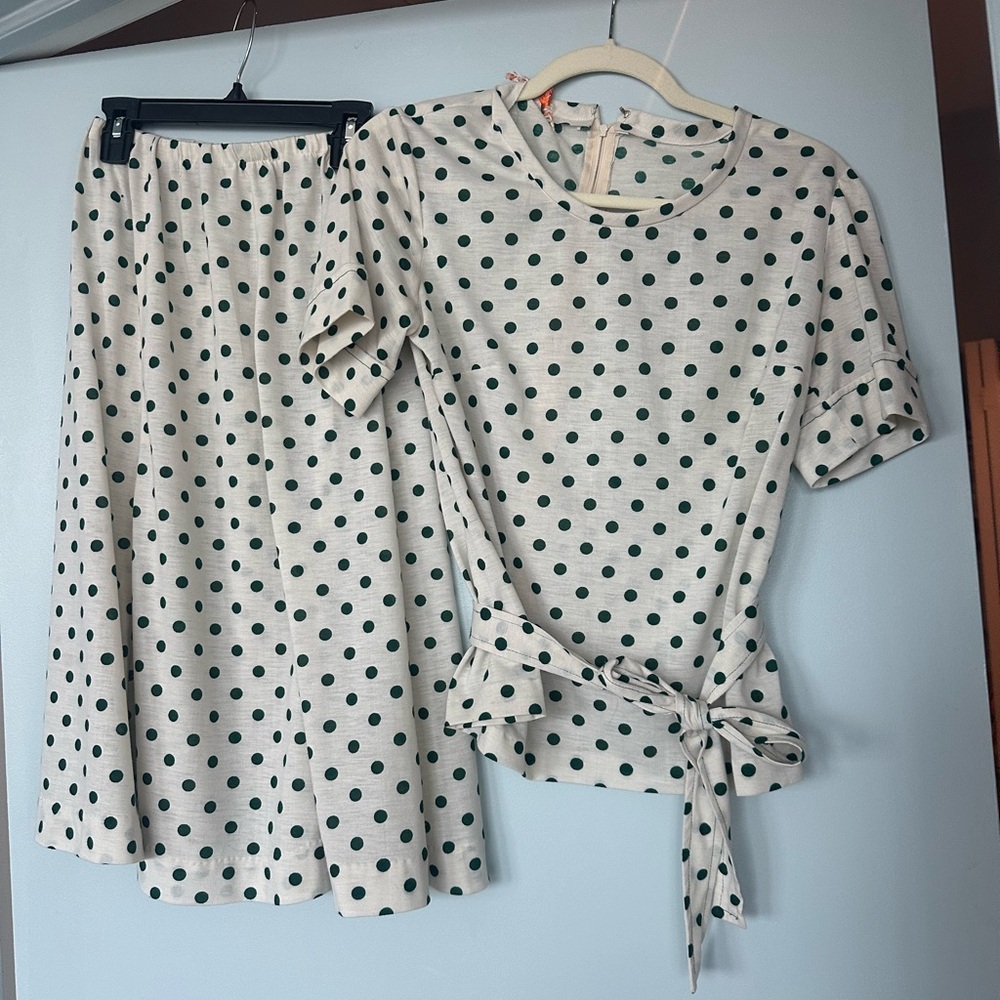 Vintage Polka Dot Midi Skirt in White and Green and matching Top with Bow